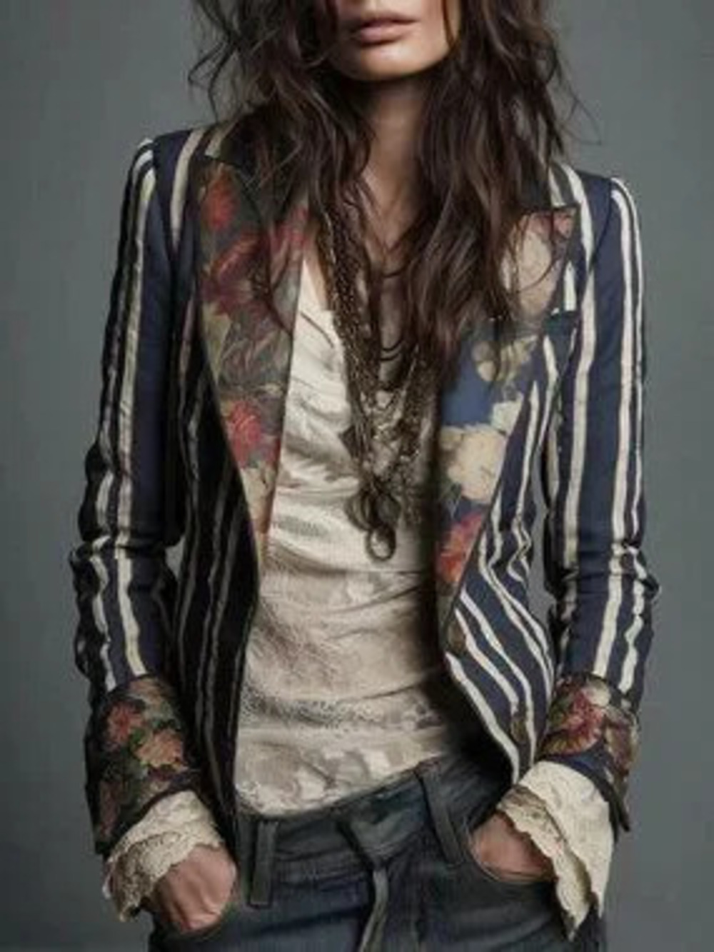 ZARA Blue Elegant Women's Boho Striped Blazer Contrast Color Blazer Jacket